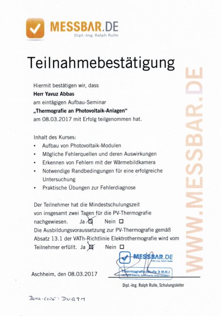 Teilnahmebestätigung MESSBAR.DE — Thermografie an Photovoltaik-Anlagen, ausgestellt auf Yavuz Abbas