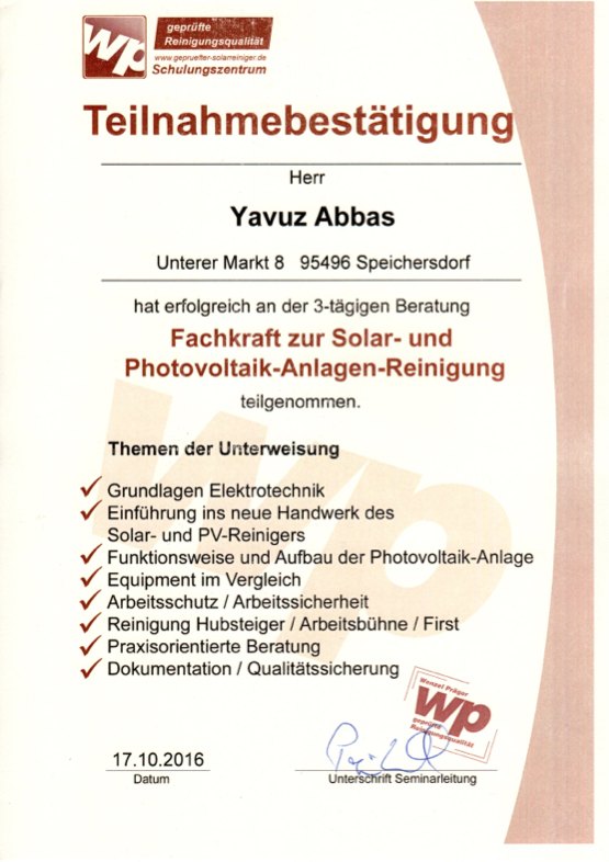 Teilnahmebestätigung WP-Schulungszentrum — Fachkraft zur Solar- und Photovoltaik-Anlagen-Reinigung, ausgestellt auf Yavuz Abbas